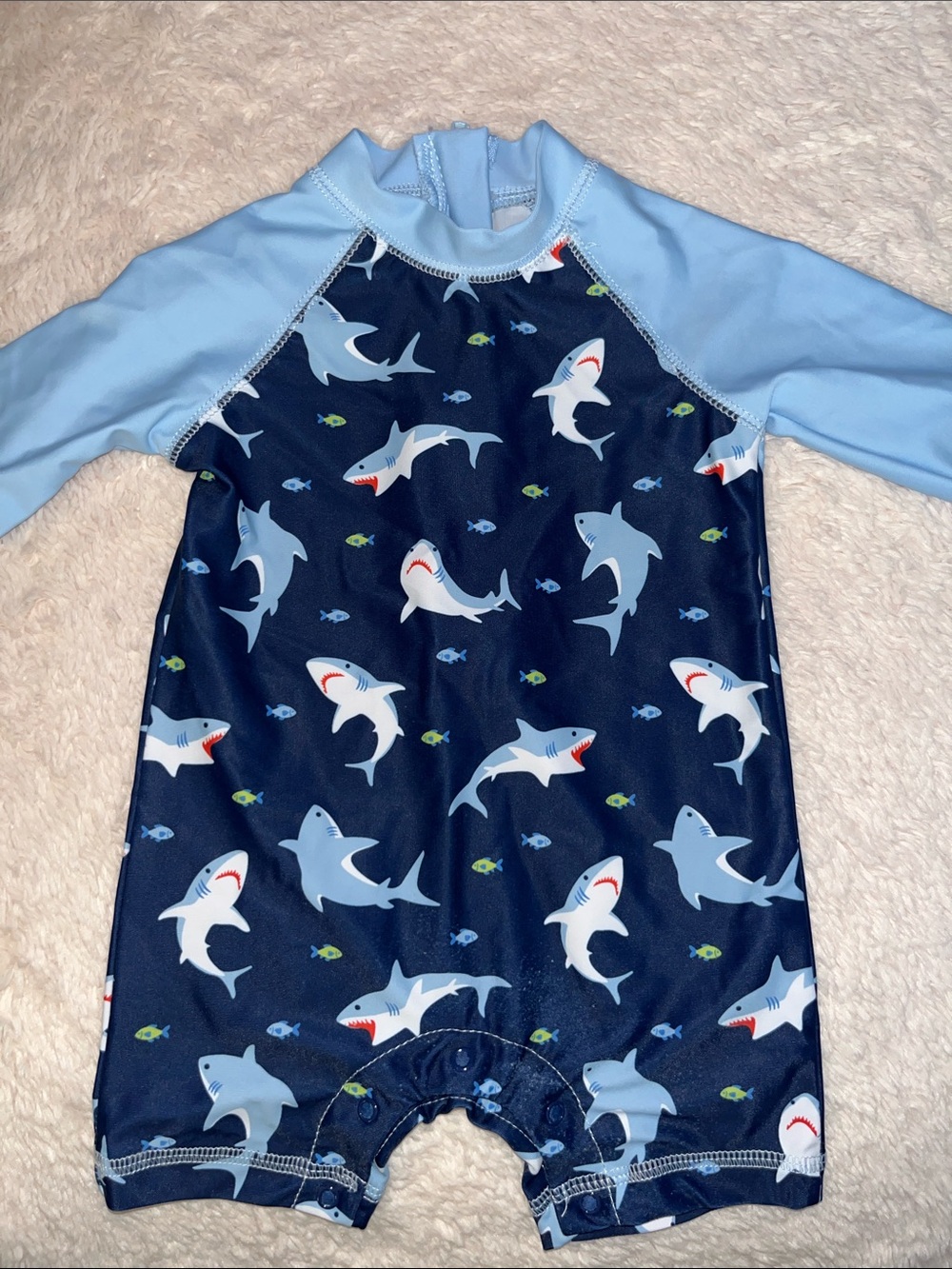 Little Me Navy Shark Print Rashguard with Light Blue Sleeves